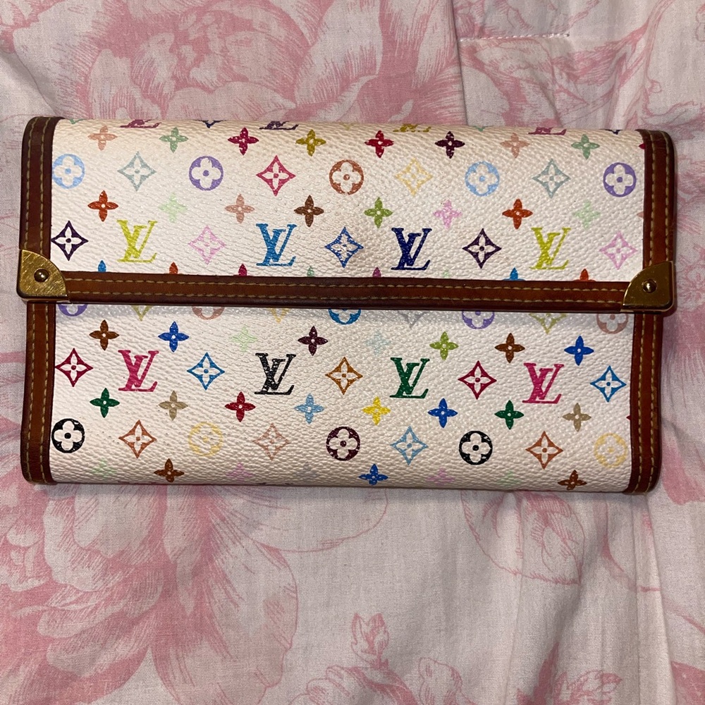 Louis Vuitton White Multicolor Monogram Canvas Clutch with Brown Trim